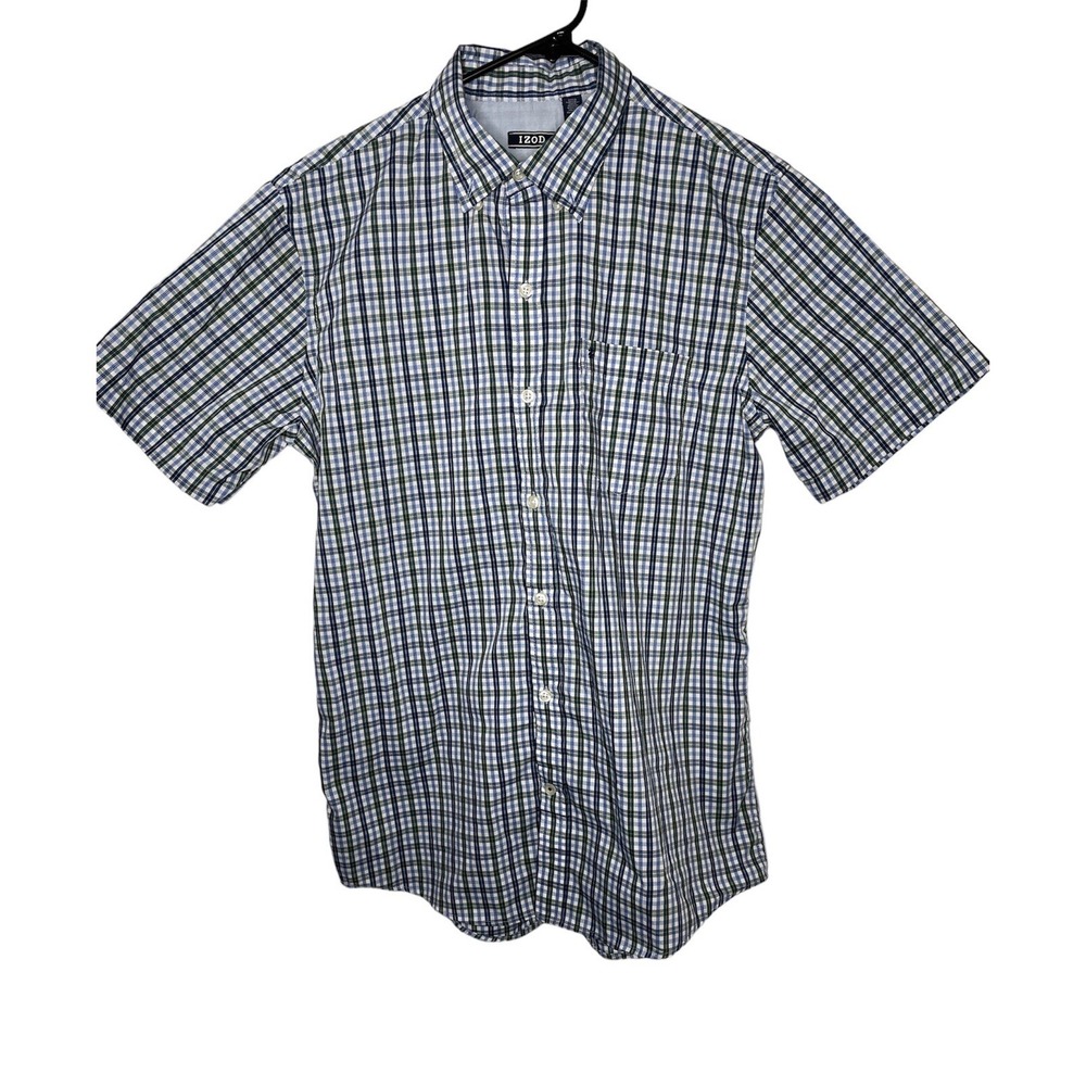 Izod Mens Shirt size M  White Blue Green Plaid Short Sleeve Button  Cotton